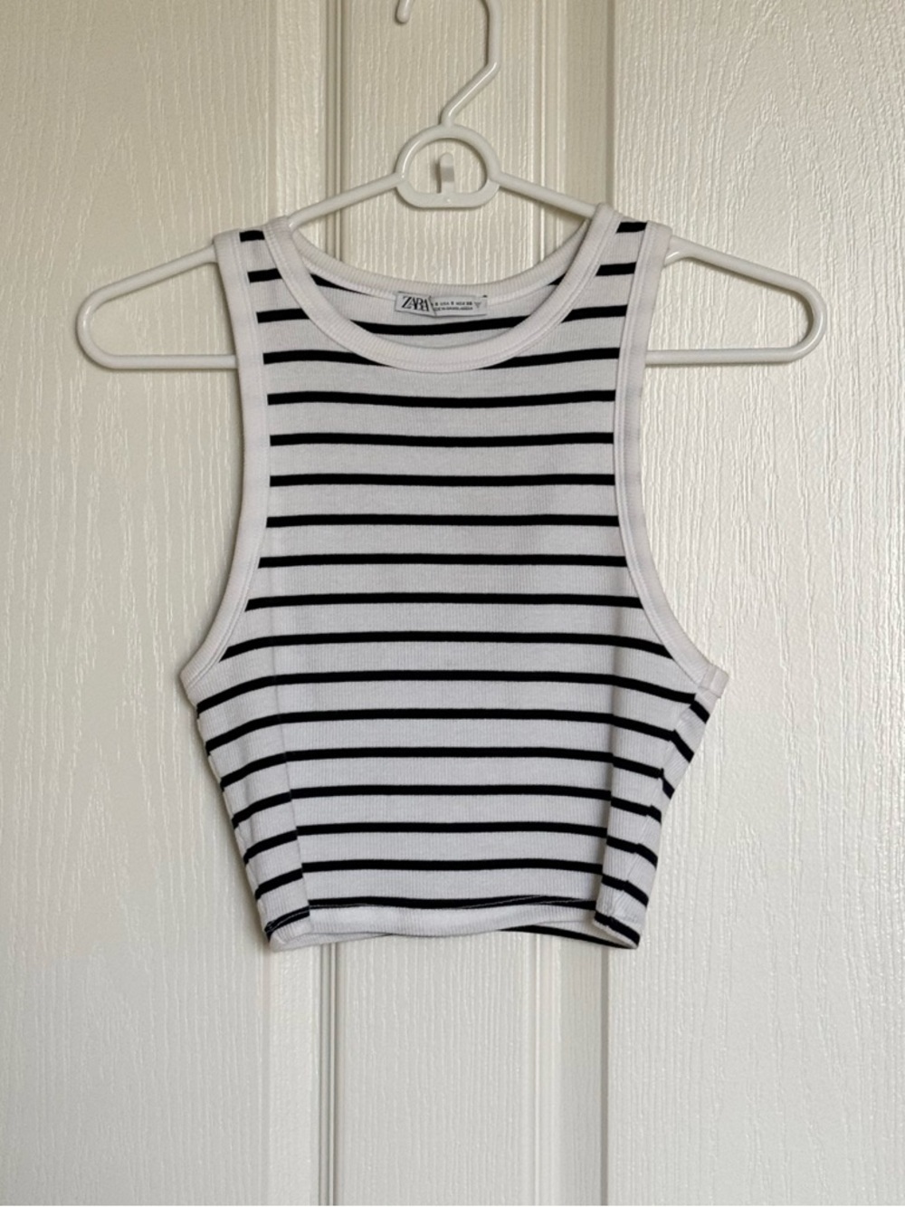 Zara : Striped Sleeveless Crop Tank Top - White/Navy - Size S